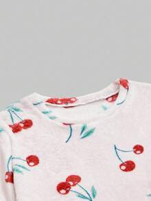 ROMWE Kawaii Cute Big Cherry Flannel Long Sleeve Top & Long Pants Women Pajama Set, Fluffy Cozy Winter Clothes - White - View 3