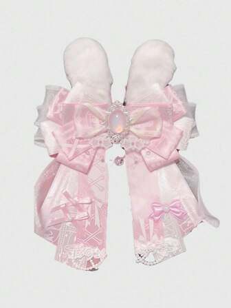 Kawaii 1pc Pink Cute Plush Rabbit Ear, Cake Print, Lace Trim, Y2K Star Foil Print, Bow Shape Women Brooch, Handmade Lolita Brooch, Can Be Used As Bag, Pants, Skirt Decoration
