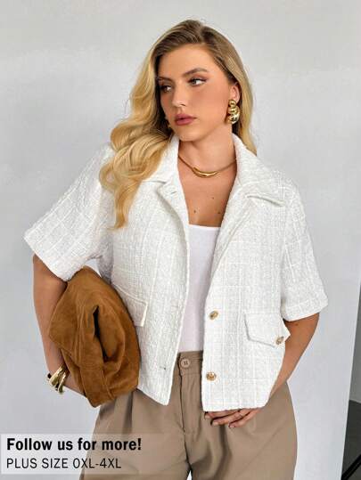 Auralis 大码女装秋冬时尚优雅宽松舒适日常通勤金属纽扣白色短袖外套，适合女性办公室穿着，商务休闲，秋季，教师加大码