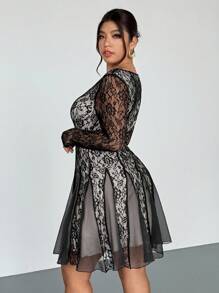 Firerie Plus Size Women Elegant Fitted Lace Rose Flared Mesh Patchwork Cocktail Party Formal Dress, Long Sleeve - Black - View 1