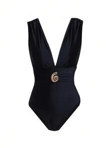 Swim Oasis 女士复古螺旋纹理连体泳衣，优雅而优雅的度假装 - 黑色 - 查看 3