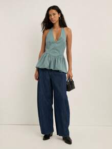2026 Top halter con escote en V profundo sin mangas con detalle de peplum y recogido.Elegante y formal para vacaciones de verano y primavera, salidas, bodas, fiestas y festivales - Niebla azul - Ver 6