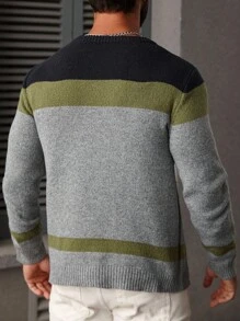 Manfinity Homme 男士圆领毛衣、长袖针织套头衫，适合休闲装、居家装、上班通勤装、送给男朋友/家人的礼物、秋冬圣诞节、秋冬 - 軍綠色 - 查看 2