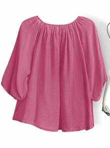 EMERY ROSE Kemeja Kasual Longgar Lengan Lentera Leher Bulat Warna Polos untuk Wanita Ukuran Besar - Dusty Pink - View 2
