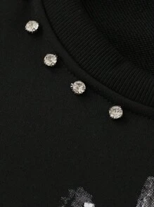 ROMWE MEN Street Life 男士圆领闪亮钻石鸽子印花长袖T恤，2000年代风格 - 黑色 - 查看 2