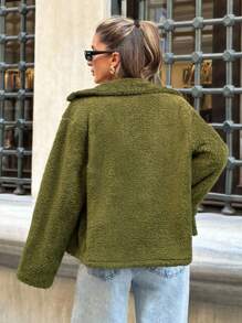EURMUSE Women's Fuzzy Fleece Button-Up Jacket With Pockets - Green - View 2