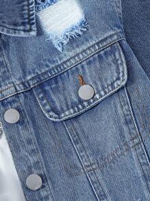 Sparklyn Tween Girls Y2K Style Denim Two Pieces Outfit, New Arrival For Autumn/Winter, Collegiate Style Jacket + Pleated Skirt Set, Casual Street Style Long Sleeve Distressed Denim Jacket + Denim Pleated Mini Skirt, Vintage Washed Mid-Blue Denim, Oversized Fashion Versatile Set, Denim New Arrival Set Fall - Medium Wash - View 3