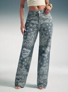 Denimoi Jeans rectos de mezclilla con estampado de paisley en todo el tejido con lavado vintage