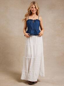 WESTFADE 心形领蝴蝶结前开衩荷叶边 100% 纯棉牛仔上衣 秋季可爱上衣 返校牛仔上衣 Y2K - 深色水洗藍 - 查看 5