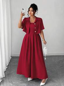 Elenzga 大码优雅女装时尚百搭文艺优雅淑女两件套：短袖夹克 + 长裙，适合夏季、返校、毕业典礼、节日、情人节、音乐节、母亲节、万圣节、感恩节、复活节、国庆节、舞会、约会、派对、郊游 - 紅色 - 查看 8