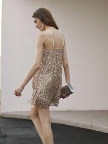 Uhlyne 女式秋季新款简约优雅性感俱乐部装细肩带不对称流苏亮片香槟色迷你连衣裙全白夏装派对造型，流苏连衣裙 - 香檳色 - 查看 3