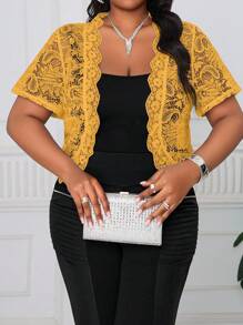 SHEIN Lady Plus Size Solid Color Short Sleeve Lace Jacket, Valentine's Day Gifts, Summer Festival Fall Winter Autumn