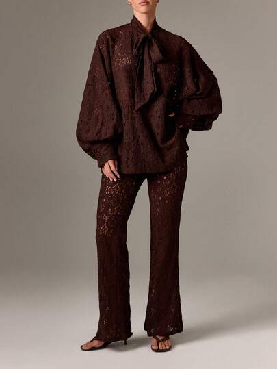 AiiRZ Women's Elegant Lace Two Piece Coordinates - Balloon Sleeve Tie Neck Blouse With Flared Pants - Fall Winter Party Evening Co-Ord Set