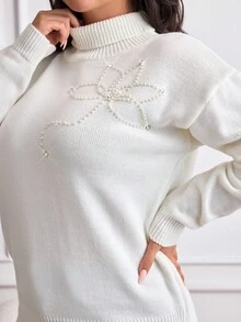 EURMUSE 大码休闲冬季花朵水钻闪亮细节舒适毛衣 - 杏色 - 查看 6