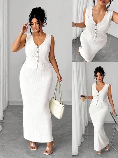 Elenzga Nunca pasa de moda, Colección de elegancia extravagante (Vibraciones de "Woe Is Me")(Estética del miércoles) Conjunto de suéter y vestido de punto elegante de unicolor talla grande, cárdigan sin mangas y falda, adecuado para vacaciones, fiestas, invitados de boda