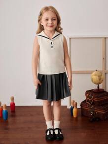 PrepCrw Young Girls' Sleeveless Knitted Vest With Navy Collar Girls Uniform Dress Toddler Girl School Uniform Girls School Clothes Kids Pleated Skirt Sets Girls Sailor Top,In Fall/Winter - Multicolor - View 4