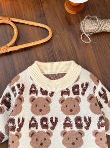SHEIN Unisex Toddler 3D Bear & Letter Intarsia Knit Pullover Sweater Autumn Winter Clothes FoGirlen - Beige - View 5