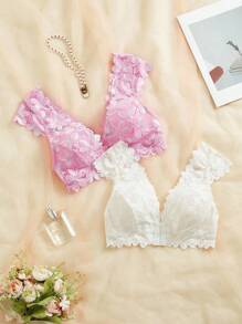 2pcs Lace Front Closure Wireless Bra Set For Women - Multicolor - View 4