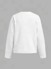 SHEIN BASICS 女士圆领白色开衫，6 粒扣，休闲百搭，柔软舒适，适合秋冬，适合搭配，适合机场、街头和返校，适合学校的上衣 - 白色 - 查看 5
