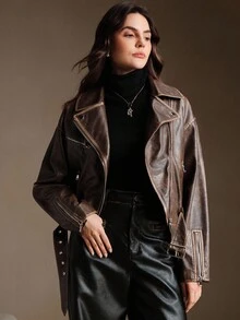 Vintage Distressed Washed PU Leather Jacket, Suitable For Fall, Autumn, Winter, Elegant, Chic, New Year, Casual - Brown - View 6