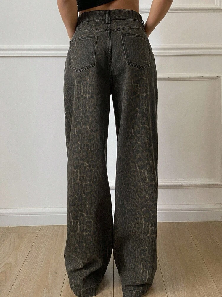 Women's Loose Street Style Straight Leg Pants, Leopard Print Jeans