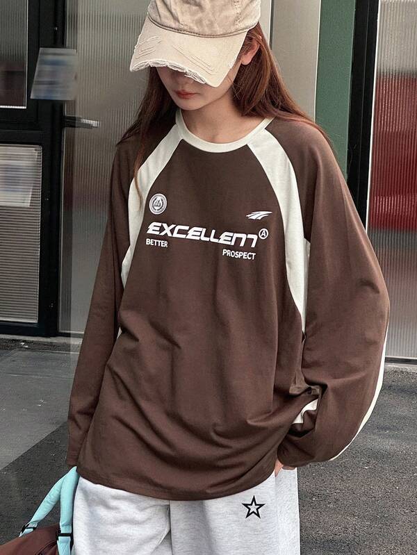 DAZY Teens/Youth Girls Loose Casual Colorblock Letter Print T-Shirt, Autumn