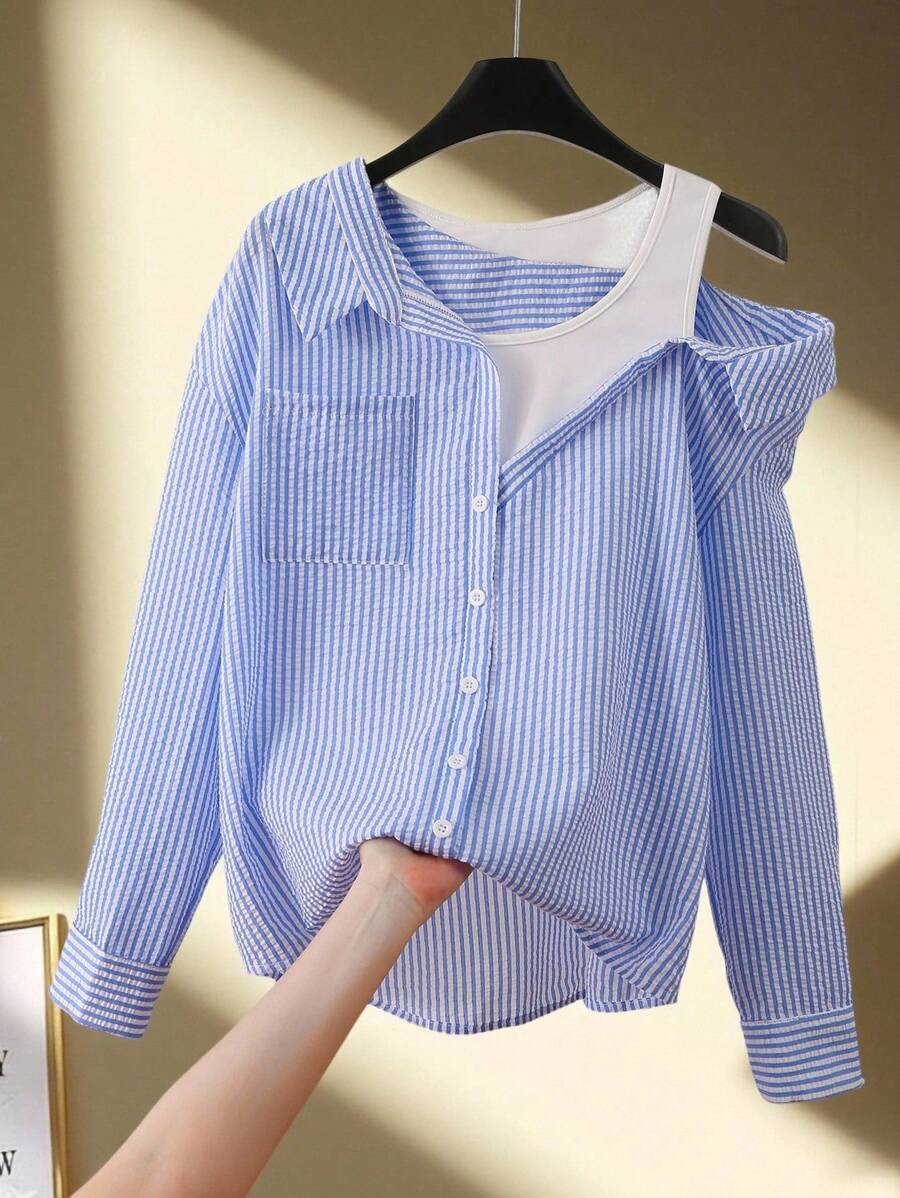 Franclia 女式休闲条纹插肩短袖纹理蓝白衬衫，春秋 - 藍白色 - 查看 1