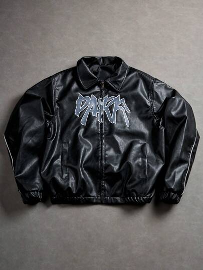 PAVTROS 男士字母图案街头休闲 PU 皮夹克，Y2k，字母男式夹克，个性化球衣夹克，秋冬，垃圾摇滚