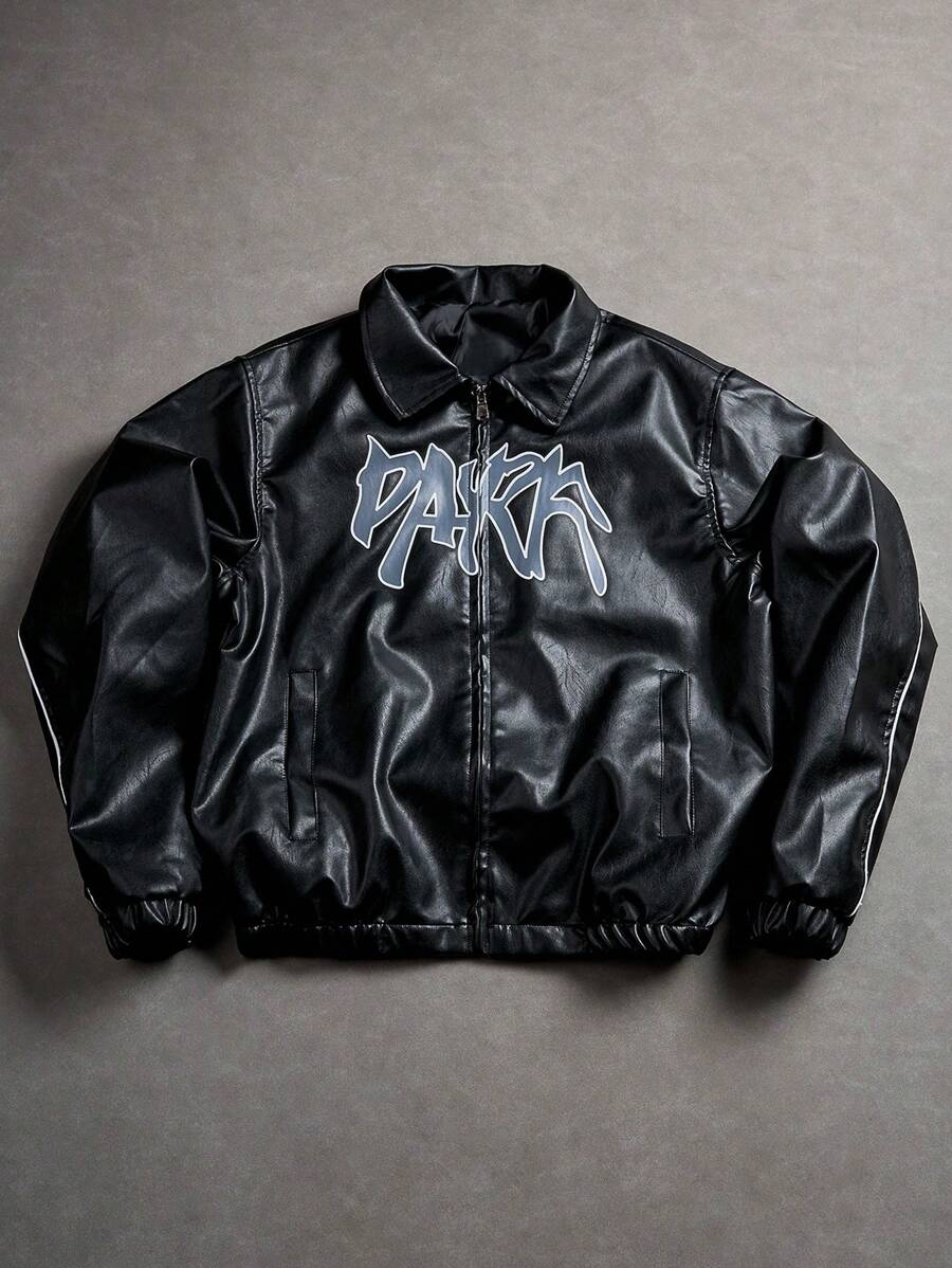 PAVTROS Men's Letter Graphic Street Casual PU Leather Jacket, Y2k, Letter Man Jacket, Personalize Ball Jacket , Fall Winter, Grunge - Black - View 1