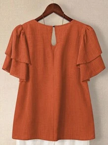 Linhara 大码女式纯色圆领双层袖短袖休闲衬衫，休闲时尚百搭褶皱夏季假日女士衬衫 - 亮橙色 - 查看 2