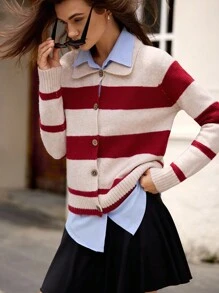 Hanevo 女式条纹插肩袖单排扣休闲宽松针织开衫 - 杏色 - 查看 5