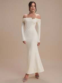 Modelyn Women's Metal Decor Off Shoulder Long Sleeve Fishtail Hem Fitted Elegant Dress - Apricot - View 5