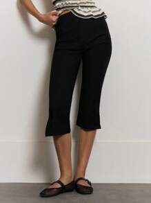 MUSERA Mid Rise Button Capri Leggings Summer Holiday Vacation Y2k Elegant Cute Casual Sexy Collective Back To School    Winter Valentines Day Pants - Black - View 2