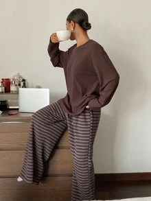 DAZY 纯色T恤上衣搭配宽松长裤，女士睡衣家居服套装，秋冬装，舒适休闲装 - 咖啡棕 - 查看 6