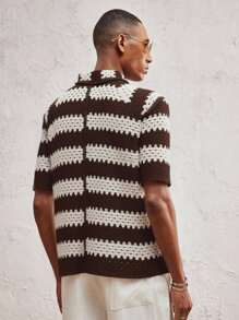 AKNOTIC Men's Hollow Out Design Striped Single-Breasted Loose Casual Knit Top - Multicolor - View 4