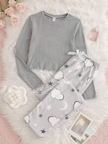 2 件套女士和少女优雅深灰色简约长袖睡衣套装 - 深灰色 - 查看 1