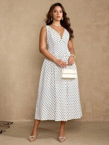 Flirla Polka Punkt Muster ärmelloses Lässig Kleid in Große Größen