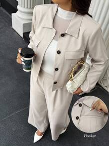 Easura Ensemble 2 pièces grande taille, veste et pantalon décontracté de couleur unie