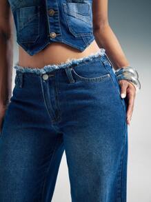 Denimoi 低腰毛边直筒牛仔裤，低腰牛仔裤，时尚 Y2K 性感夏季风格音乐会牛仔裤 - 深色水洗藍 - 查看 2