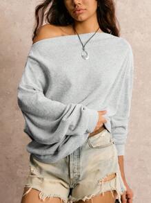 Easelle Casual Versatile Asymmetric Collar Women Sweatshirt In Gray Loose And Comfortable Fall Women Clothes Off The Shoulder - Dark Grey - View 5