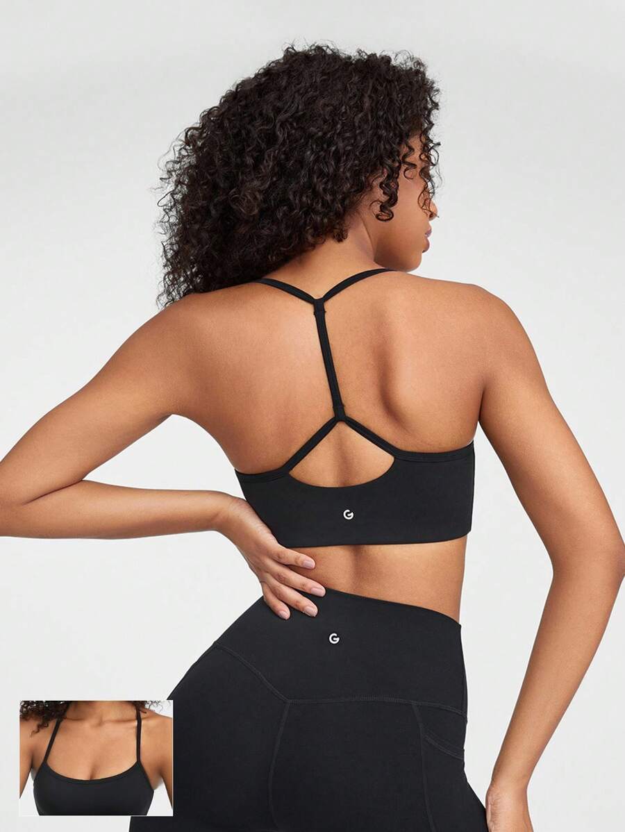 GLOWMODE FeatherFit™ T-Neck Racerback Twist Sports Bra Low Impact Yoga Daily - Black - View 1