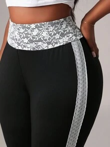 SHEIN SXY Elegante, sexy Leggings in Große Größen mit Spitzeneinsätzen an der Taille und an den Seiten, geeignet für sexy Büro-Sirenen, Prom, Ball, Valentinstag, Kreuzfahrt, Pendeln, Geschäft, Retro, Party, Resort, Ausflug, Old Money, reich geschichtet, Date Night, Treffen, Minimalismus, Geburtstag, formelle Veranstaltung, Gyaru, Ibiza, Nashville, Pause, dezent, schick, Lässig, Einkaufen, Streetwear, Ausgehen, Koketterie, betonen Sie Ihren Körper, schmeicheln Sie der Figur