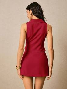 Poéselle Women's Metal Single-Breasted Vest And Mini Skirt Fashion 2 Pieces Set - Burgundy - View 8