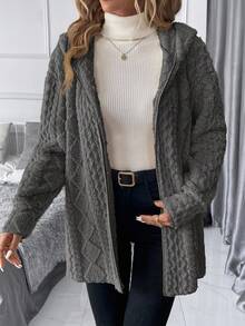 SHEIN Clasi 秋冬女士纯色简约日常长袖连帽纹理羊毛夹克 - 深灰色 - 查看 7