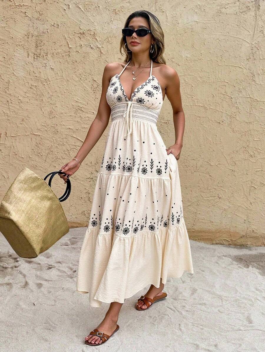 SHEIN Frenchy Women's Floral Print Dress For Summer Vacation Beach - Apricot - View 1