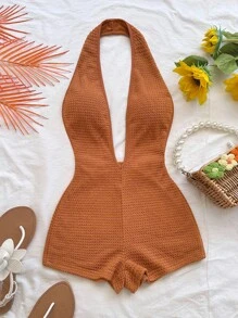 Soleia 女士 V 领露背性感紧身衣，修身连体衣，适合派对、圣诞节、约会之夜、夜店、海滩、游轮、下午茶、波西米亚风、波西米亚风、度假、秋季 - 棕色 - 查看 3