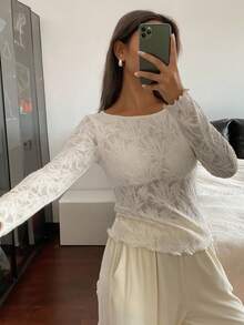 DAZY Semi-Sheer Botanical Print Jacquard Fabric Fitted White Long Sleeve Sleep Top With Built-In Bra For Women Pajama - Apricot - View 5