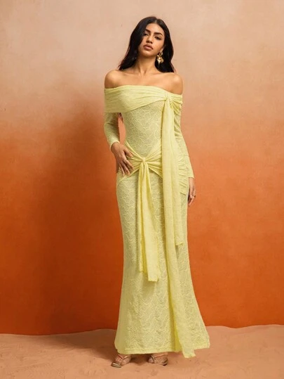 Roylia Vestido elegante de manga larga ajustado con hombros descubiertos y lazo de unicolor para mujer