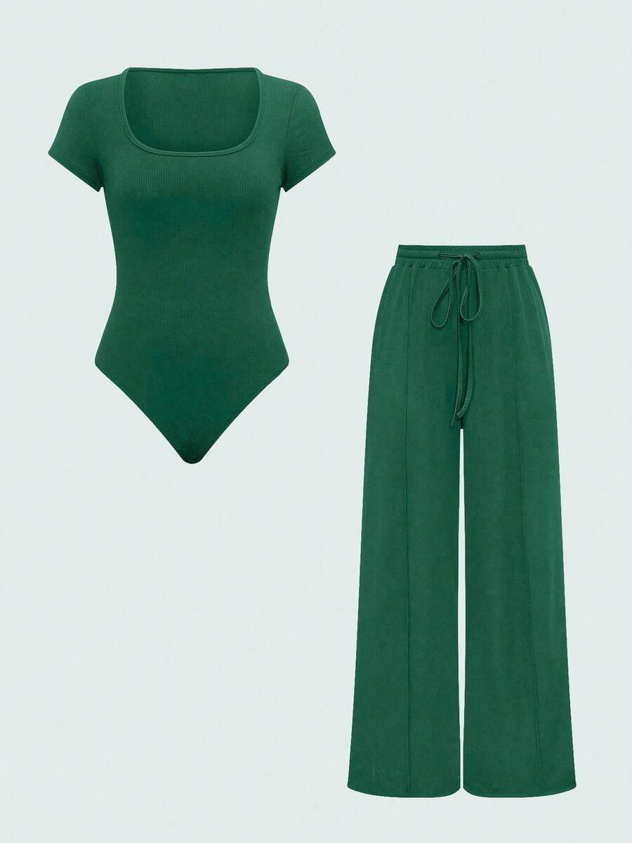 EURMUSE Women's Casual Solid Color Bodysuit & Loose Fit Pants 2 Pieces Set - Green - View 1