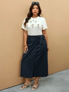 Elaquor Plus Size Women's Solid Color Side Knot Wrap Casual Skirt - Navy Blue - View 6